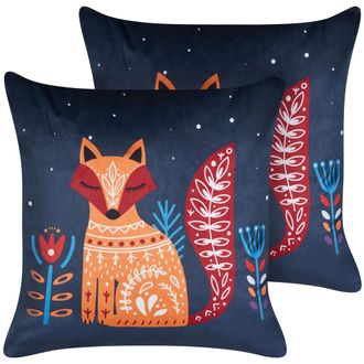 Beliani Conjunto De 2 Cojines Decorativos De Terciopelo Para Ni&ntilde;os Con Funda Extra&iacute;ble Con Cremallera Incorporada Estampado Animal De Zorro Azul Oscuro Firesp