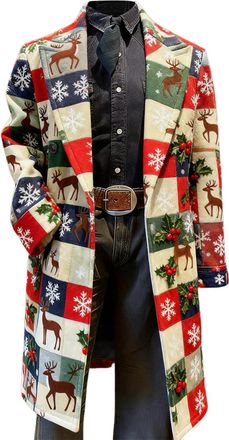 Generic Winter Coats for Men - Christmas Themed Mid-Length Corduroy Suit Coat, Multiple Styles Available, Festive Printed Lapel, One-Button Slim Fit, Function