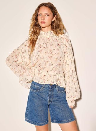Icone Womens Small flowers textured chiffon smocked blouse
