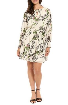 London Times Floral Long Sleeve Fit & Flare Dress in Ivory/Black at Nordstrom Rack, Size X-Large