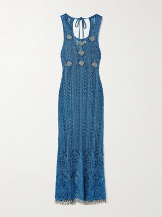 Paco Rabanne Abito Midi In Maglia Metallizzata Punto A Giorno Con Perline - Blu