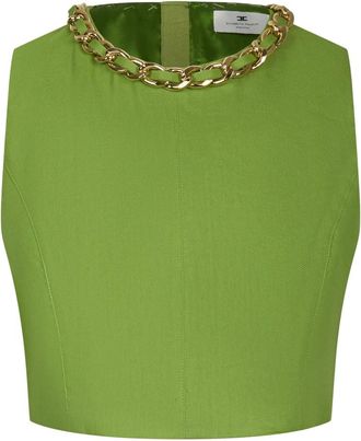 Elisabetta Franchi Mouwloze top met juwelenketting - Dames - Tops - Groen - Maat: XS Linnen