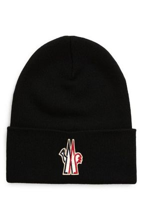 Moncler Logo Patch Virgin Wool Beanie in Black at Nordstrom