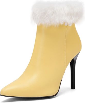 Generic Womens Elegant Pointed Toe PU Leather Ankle Boots with Fluffy Fur Trim Pearl Detail Stiletto Heels Comfortable Anti-Slip Wear-Resistant for Daily Casu