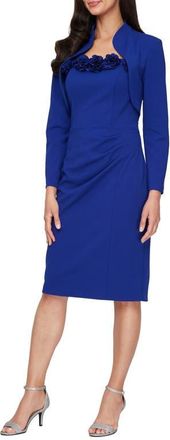 Alex Evenings Rosette Stretch Crepe Cocktail Dress with Bolero Jacket in Royal at Nordstrom, Size 12