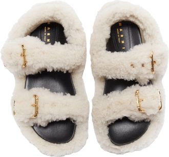 Marni white shearling gold buckles double strap black lined flat sandals EU38