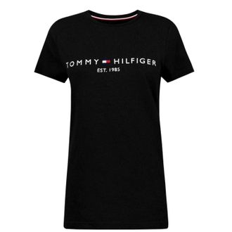 Tommy Hilfiger Dames-T-shirt met logo op de borst en ronde hals (Zwart)