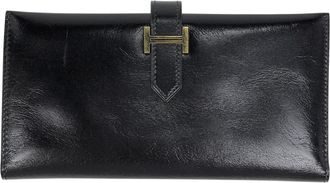 Herm&egrave;s Bearn Black Box Calf Leather Long Wallet (Bi-Fold) (Pre-Owned)