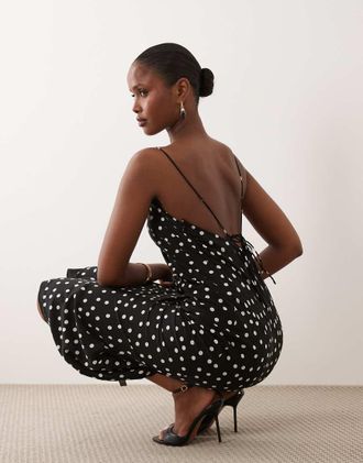 Asos Vestito al polpaccio a pois bianco e nero con scollo rotondo taglio sbieco stile foulard-Multi