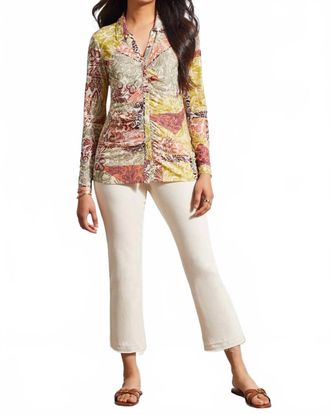 Tribal Verity V-Neck Collared Long Sleeve Top In Cactus