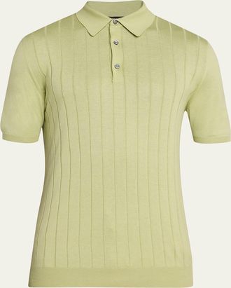 Kiton Mens Wide Rib Sea Island Cotton Polo Sweater