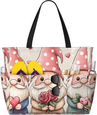 Generic Valentines Gnome Print Large Beach Bag Foldable Travel Shoulder Tote Bag With Pocket For Weekender Pool Vacation