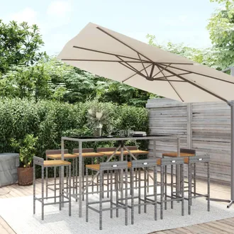 vidaXL Mesa Y Taburetes Altos Jard&iacute;n 11 Pzas Madera Y Rat&aacute;n Pe Gris Vidaxl