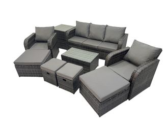 Fimous Outdoor Garden Rattan Furniture Set 9 Seater with 4 Stools Side Table in Dark Grey