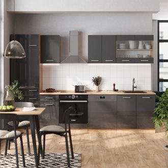 Vicco Mueble De Cocina R-line, Antracita Brillo Intenso/roble Dorado El&eacute;ctrico, 300 Cm Sin Encimera