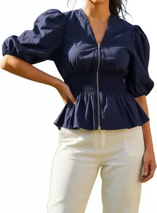 She + Sky Sweet Magnolia Puff Blouse In Navy