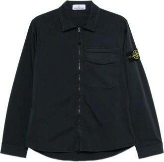 Stone Island Jassen, Heren, Blauw, 2Xl, Leer, Overhemd Met Klassieke Kraag En Logopatch