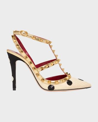 Valentino Garavani 100mm Rockstud Sequined Metallic Leather Caged Pumps