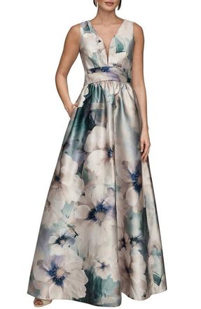 DKNY Floral Plunge Neck Ball Gown in Laurel Multi at Nordstrom, Size 16
