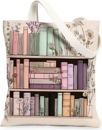 Generic Book Shelf Canvas Tote Bags, Floral Book Pattern Reusable Grocery Bags, Spring Vintage Art Lightweight Washable Shoulder Strap Canvas for Shopping Tra