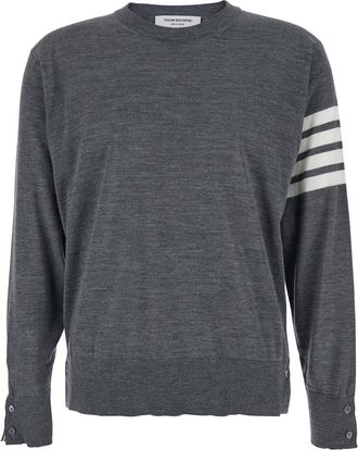 Thom Browne Grey Crew Neck Sweater With 4-Bar Detail In Virgin Wool Man