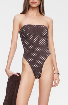 Lioness Gigi Bandeau One-Piece Swimsuit in Chocolate Blue Polka at Nordstrom, Size X-Small