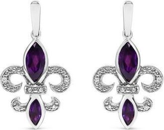 House of Brilliance Silver Amethyst & Diamond Accent Fleur De Lis Dangle Stud Earrings in White at Nordstrom