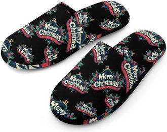 Generic Merry Christmas Flannel Mens Slip-on Slippers Winter Warm House Shoes with Rubber Sole for Home Hotel