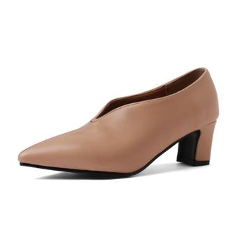 Generic Womens Pointed Toe Pumps V Cut Vamp Chunky Block Heel PU Leather Cushioned Insole Non Slip Durable Comfortable Stylish Daily Party Shoes,Apricot,7.5 U