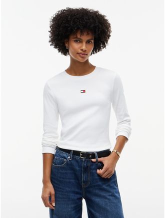 Tommy Hilfiger Womens Embroidered Flag Logo Rib-Knit T-Shirt - Optic White - XXL