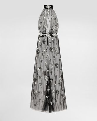 Dolce & Gabbana Long Dress In Tulle Embroidered With Rhinestones - Woman Dresses Multi-colored 38