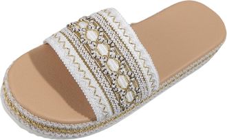 Generic Ethnic Style Woven Print Ladies Open Toe Flat Sandals for Women Bohemian Fashion Beach Holiday Slide Slippers Comfortable Casual Footwear with Unique 