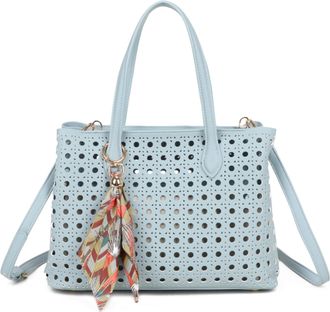 Generic Perforated Tote Bag, Laser Cut Design with Scarf Charm, Shoulder Handbag with Crossbody Strap (Blue)