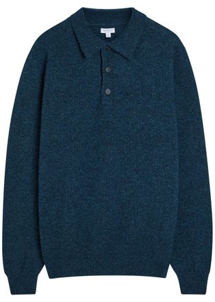 Sunspel Melang&eacute; Wool Polo Jumper - Navy - XL