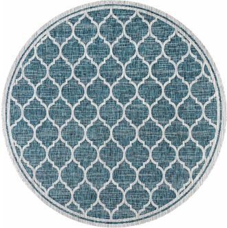 Jonathan Y Designs Trebol Moroccan Trellis Textured Weave Indoor/Outdoor Round Area Rug in Teal/gray at Nordstrom, Size 5Ft 0In X 5Ft 0In