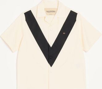 Valentino Camicia Da Bowling Valentino In Popeline Di Cotone Con V Intarsiata E VLogo Patch Uomo AVORIO/NERO 44
