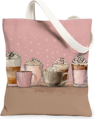 Generic Coffee Cups Canvas Tote Bags, Cute Drink Pattern Reusable Grocery Bags, Spring Vintage Chic Lightweight Washable Canvas for, Peach, 13x15 Inch