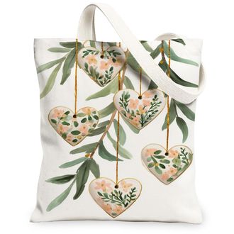 Generic Heart Floral Canvas Tote Bags, Elegant Botanical Design Reusable Shopping Bags, Spring Summer Lightweight Washable Shoulder, White, 13x15 Inch
