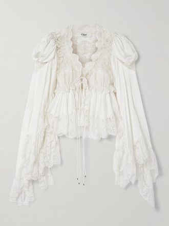 Chloé Blusa In Raso Di Seta Con Inserti In Pizzo - Bianco
