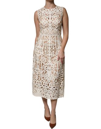 Dolce & Gabbana Womens Floral Lace Midi Dress Laser Cut Style - Ivory Leather - Size EU 40 (Womens)