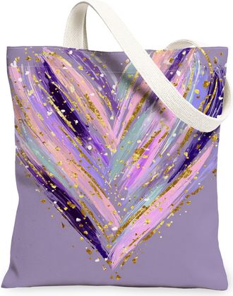 Generic Heart Canvas Tote Bags, Colorful Love Design Reusable Grocery Bags, Spring Floral Lightweight Washable Shoulder Strap for T, Violet, 13x15 Inch
