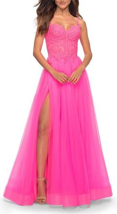 La Femme Neon Pink Tulle and Lace Ballgown with Illusion Bodice at Nordstrom, Size 10