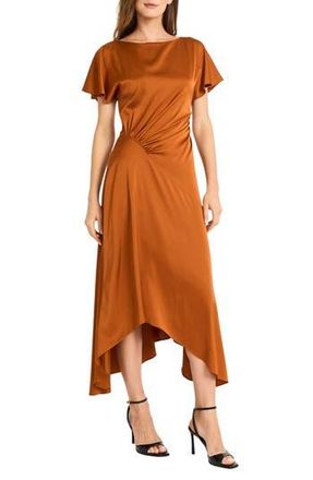 Maggy London Short Sleeve Asymmetric Hem Satin Midi Dress in Fired Brick at Nordstrom Rack, Size 12