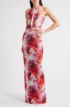 Black Halo Fina Halter Evening Gown in Cerise Water Color at Nordstrom, Size 10