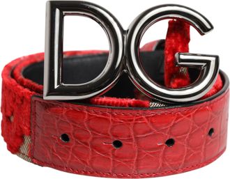 Dolce & Gabbana Red Viscose Silver DG Logo Metal Buckle Womens Belt