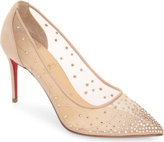 Christian Louboutin Follies Crystal Embellished Mesh Pointed Toe Pump in Light Silk at Nordstrom, Size 10.5Us