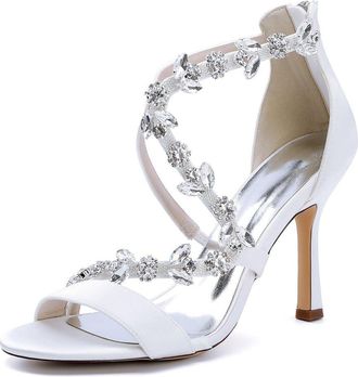 Generic Wedding Bridal Shoes Womens Bridal Stiletto Heels Sandals Sexy Open Toe Satin Wedding Party Dressy Heels Shoes 9.5Cm,White,10 UK