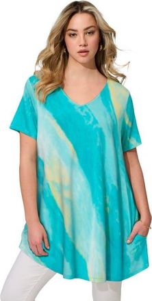 Roaman's Ultra Drape V Neck Short Sleeve Swing Tunic in Turq Wave Tie Dye at Nordstrom, Size 28