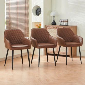 Ainpecca Dining Chairs 3pcs PU Leather Kitchen Chairs Upholstered Seat with Backrest and Armrest Office chair, Brown