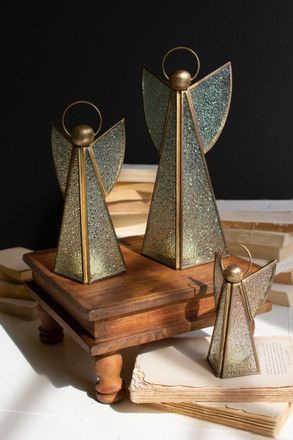 Kalalou Set Of Three Antique Brass And Glass Christmas Angels Tlite Holder